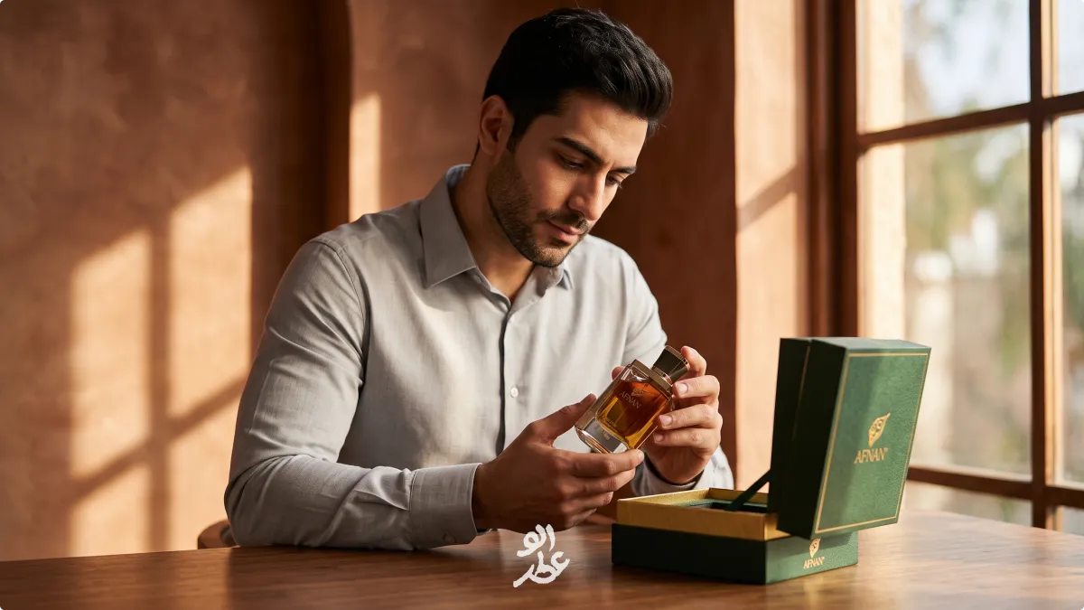 مرد جوان در حال بررسی و خرید ادکلن افنان اصل با هارد باکس لوکس