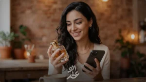 زن جوان در حال بررسی خرید اینترنتی عطر با گوشی موبایل، بلایند بای