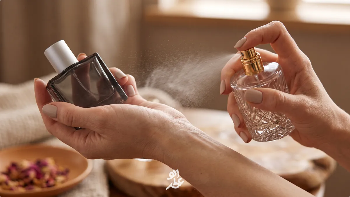 اسپری کردن عطر روی مچ دست در تکنیک لیرینگ ادکلن