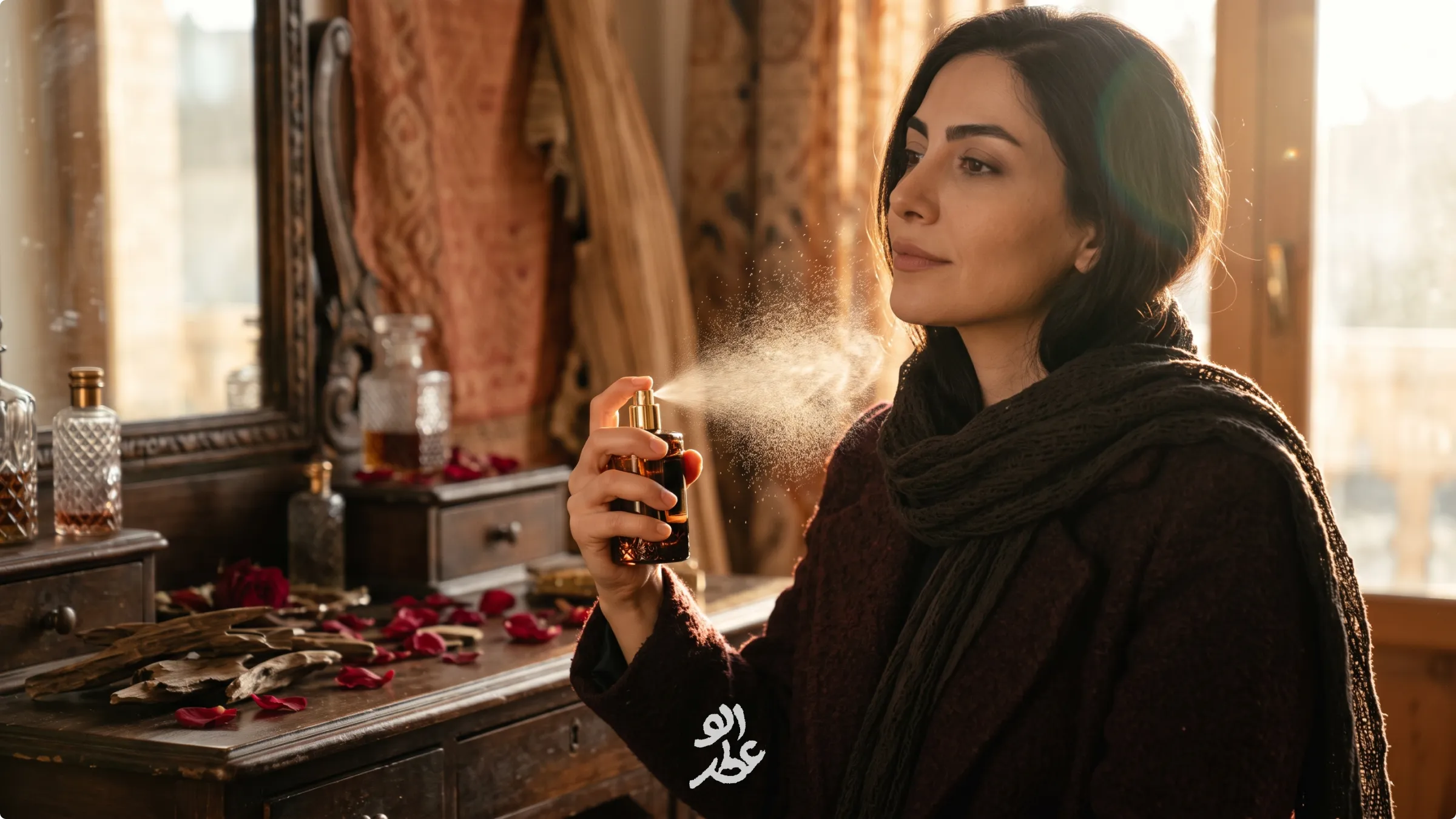بانوی ایرانی شیک‌پوش در حال استفاده از عطر با رایحه عود و رز