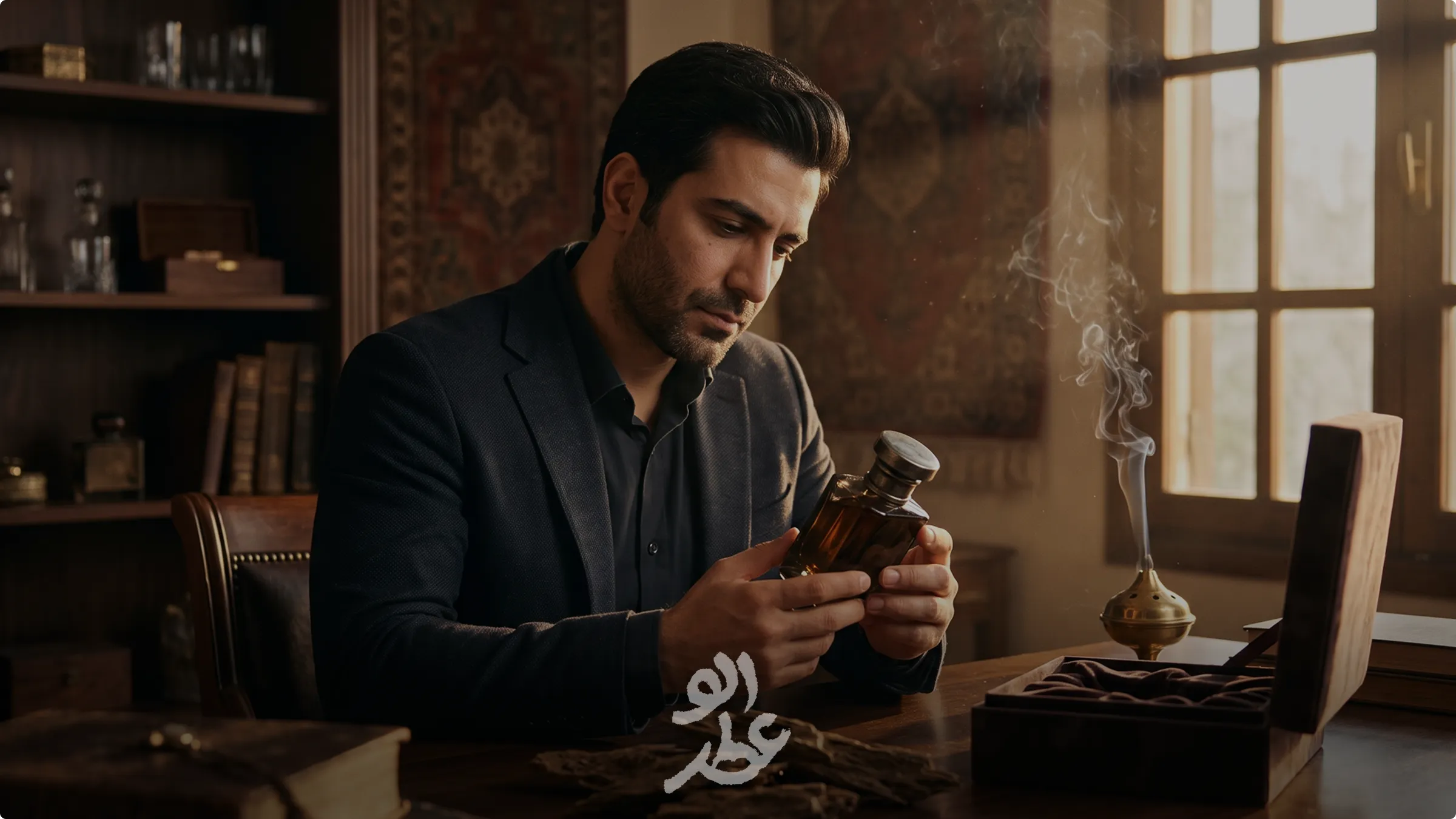 تصویر مردی با پرستیژ در حال تست و بررسی ادکلن عودی لوکس و سنگین